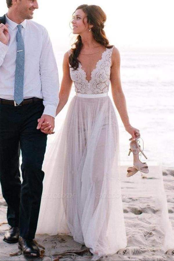 Chicloth Elegant A Line Scoop Neck Sleeveless Lace Tulle Beach Wedding Dress