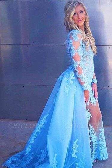 Chicloth Sexy Sleeve Prom Appliques Long Formal Dress with Lace