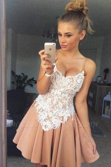 Chicloth Stylish A-Line Spaghetti Straps Short Homecoming\/Prom Dress with White Lace Applique