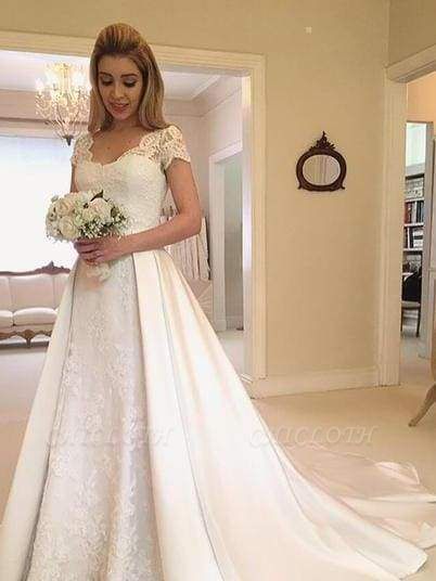 Chicloth V-Neck Short Sleeve Lace Satin A-Line Wedding Dresses