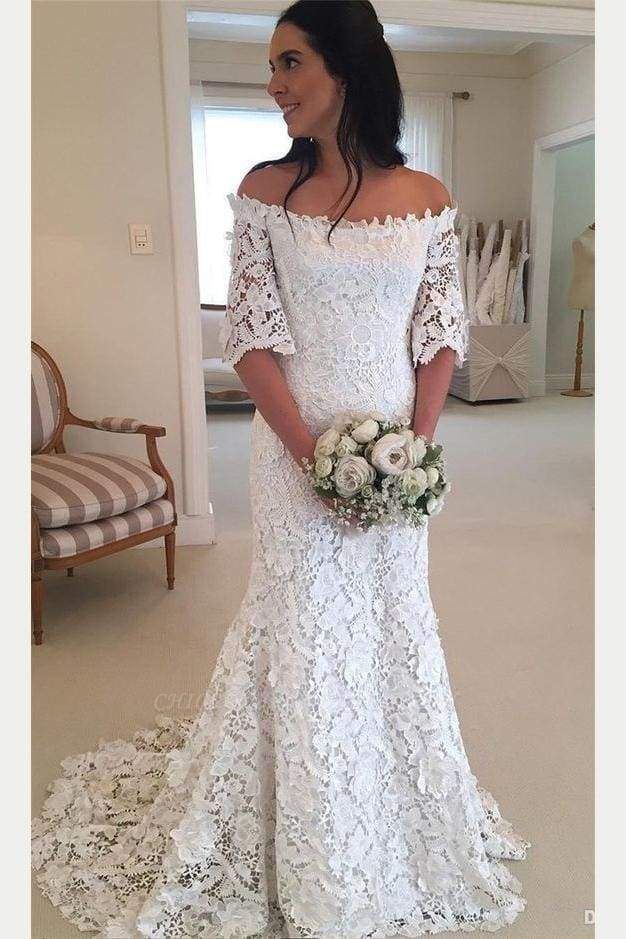 Chicloth White Off the Shoulder Half Sleeves Sweep Train Lace Wedding Dress