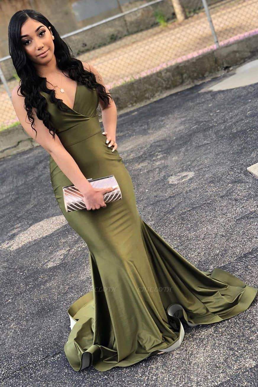 Chicloth Attractive Green V Neck Floor Length Mermaid Prom Dresses