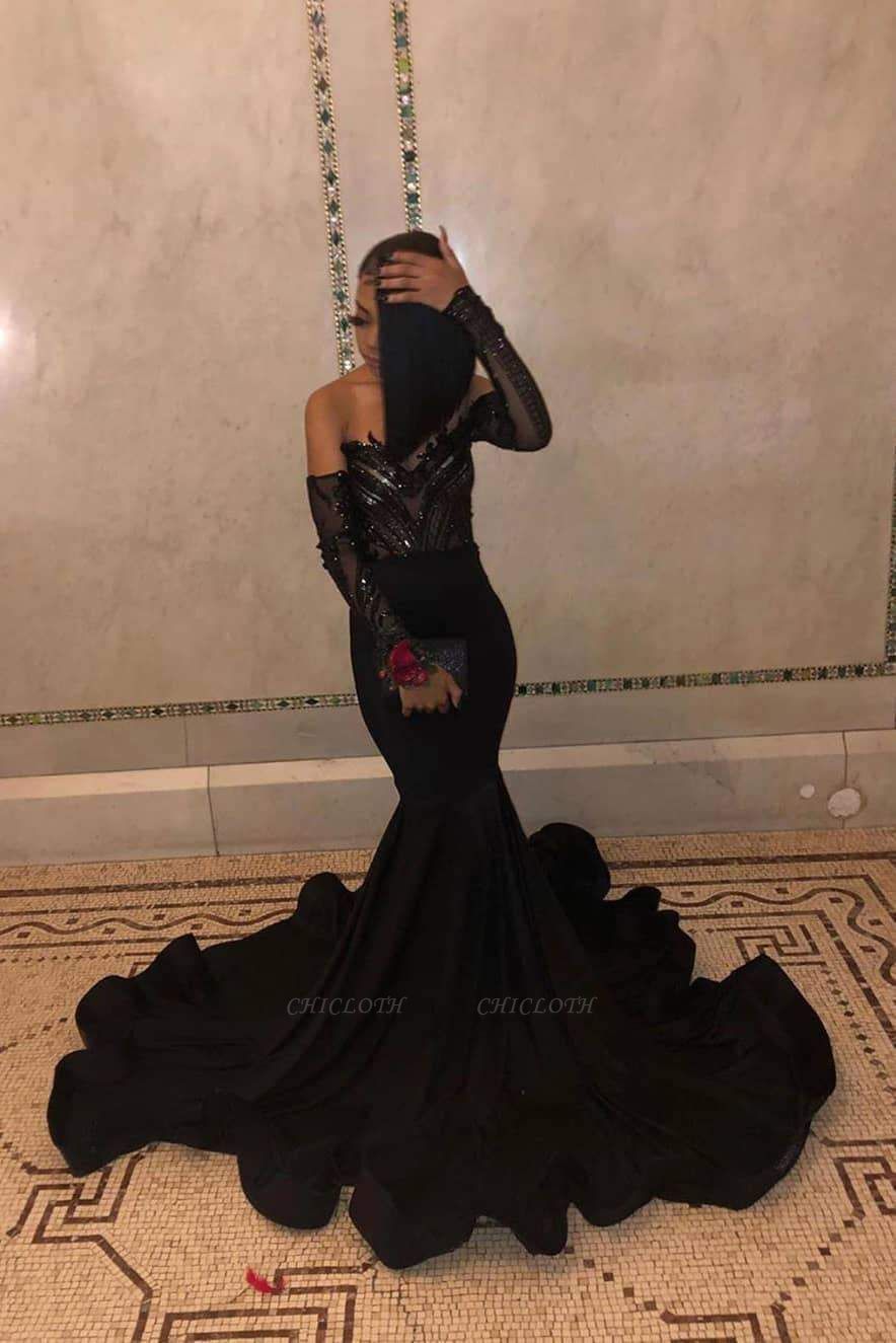 Chicloth Black Long Sleeves Floor Length Mermaid Dresses