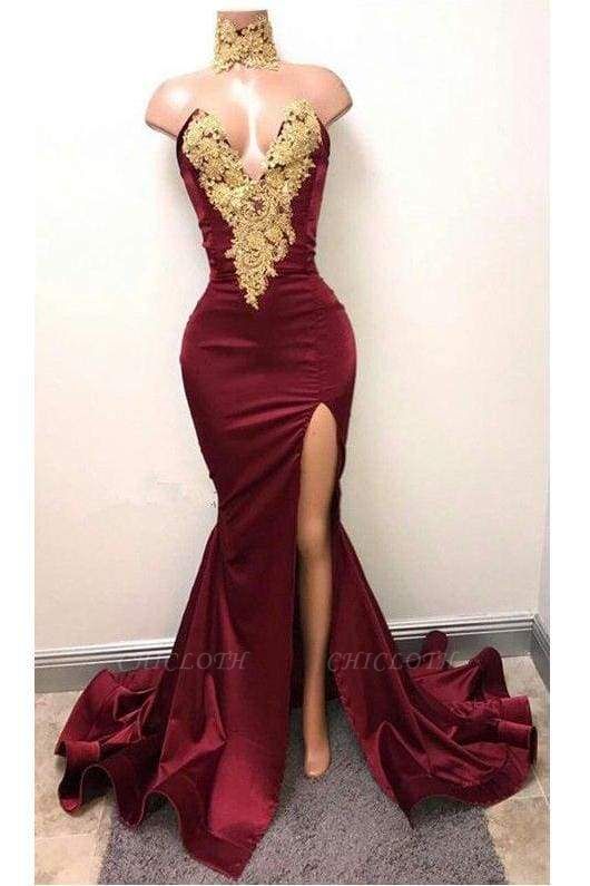 Chicloth Burgundy V Neck Sleeveless Mermaid Prom with Gold Appliques Long Evening Dress