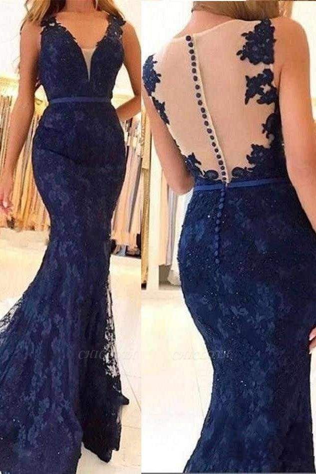 Chicloth Navy Blue Sleeveless Formal Dresses Mermaid Sheer Back Lace Prom Gown