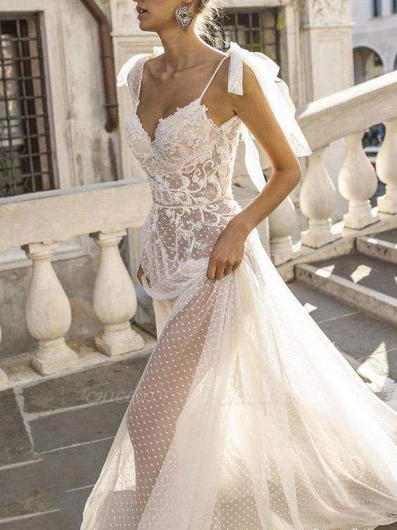 Chicloth Spaghetti Straps Illusion Lace Backless Boho Wedding Dresses