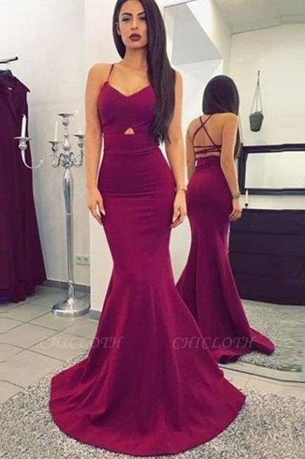 Chicloth Amaranth Red Spaghetti Straps Mermaid Sweep Train Prom Dress with Criss Cross Back