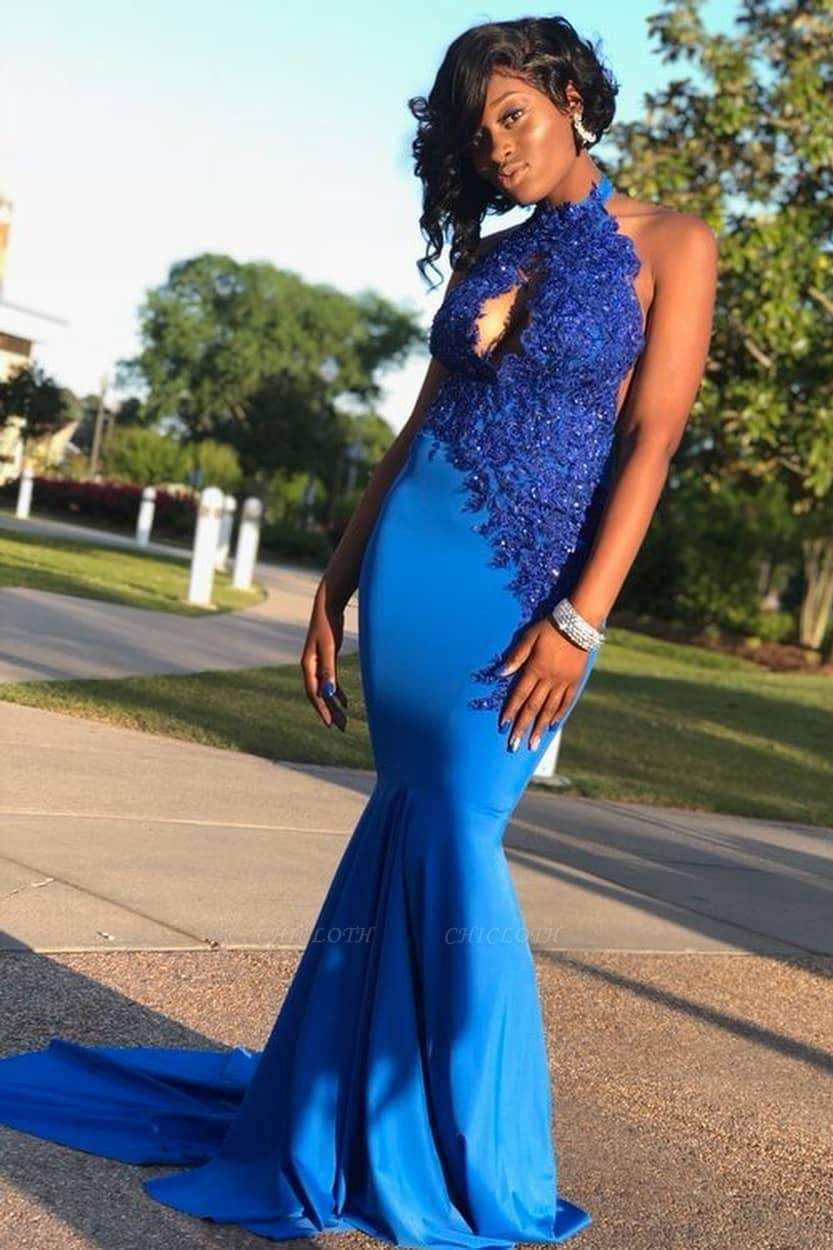 Chicloth Royal Blue Halter Backless Long Mermaid Prom Dresses with Train