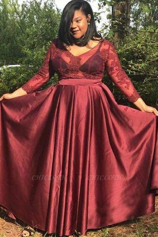 Chicloth A Line V Neck Satin Prom with 3\/4 Sleeves Floor Length Appliques Plus Size Dress