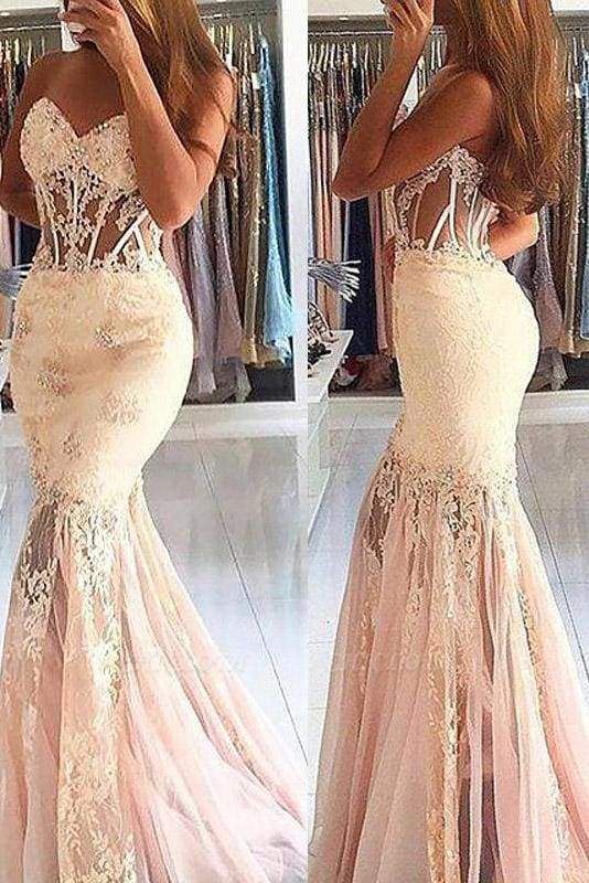 Chicloth Sexy Sheer Mermaid Sleeveless Sweetheart Tulle Lace Long Prom Dresses