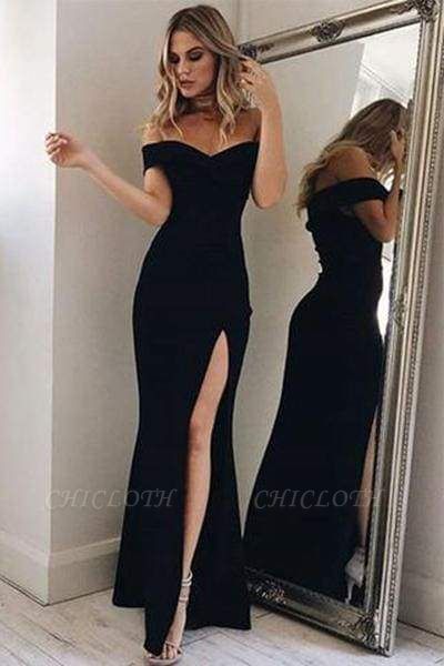 Chicloth Charming Off-the-shoulder Split Side Evening Party Black Mermaid Prom Dress