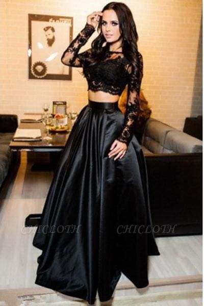 Chicloth A-line Black Two Piece Long Sleeve Floor Length Satin Evening Dress