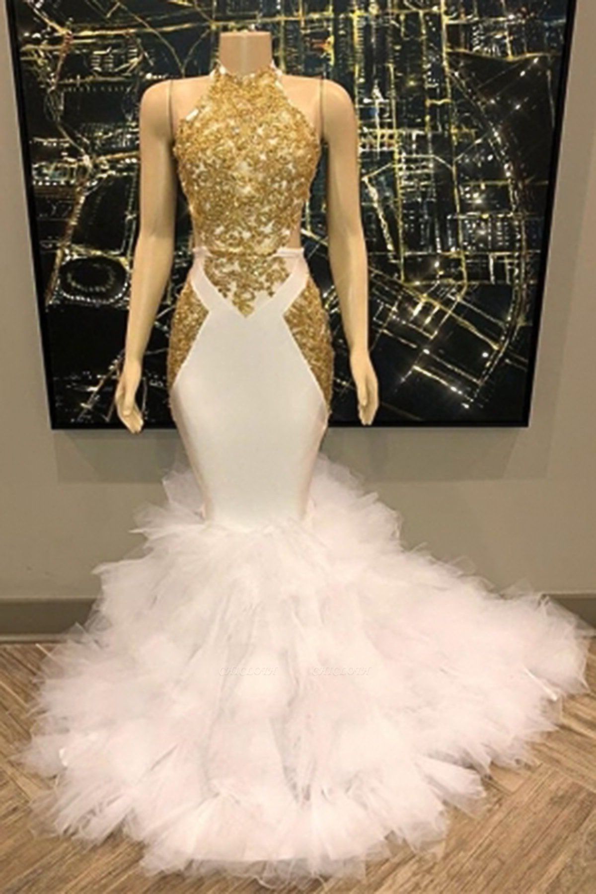 Chicloth Gold and White Long Mermaid Prom Dress
