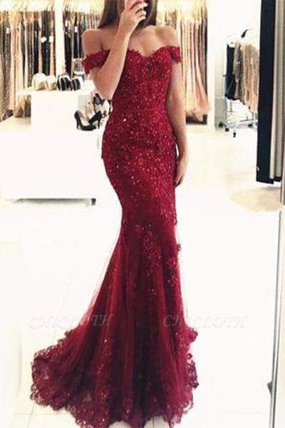 Chicloth Elegant Burgundy Mermaid Off the Shoulder Beaded Lace Appliques Evening Dresses