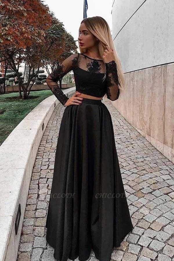 Chicloth Two Piece Prom Long Sleeves Floor Length Evening Dress with Lace