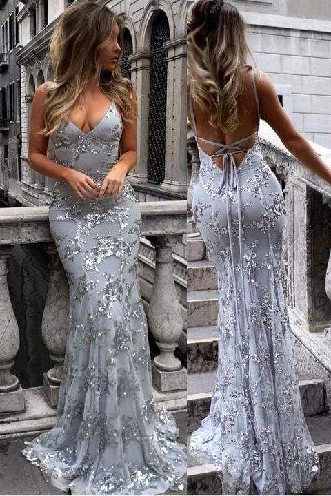 Chicloth Spaghetti Straps V-neck Mermaid Sparkly Tulle Evening Dress Long Prom Gowns