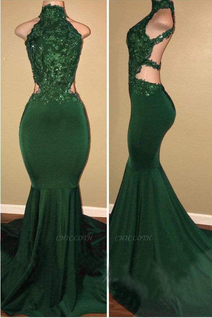 Chicloth Green High Neck Sleeveless Mermaid Long Prom with Appliques Sexy Party Dress