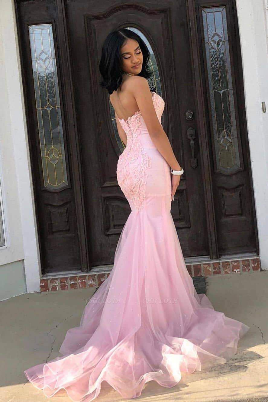 Chicloth Romantic Pink Sweetheart Sleeveless Lace Mermaid Prom Dresses with Train