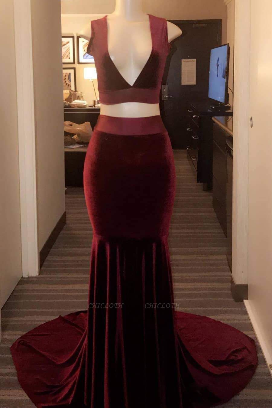 Chicloth Dark Red Two Piece Sleeveless Long Evening Party Gown