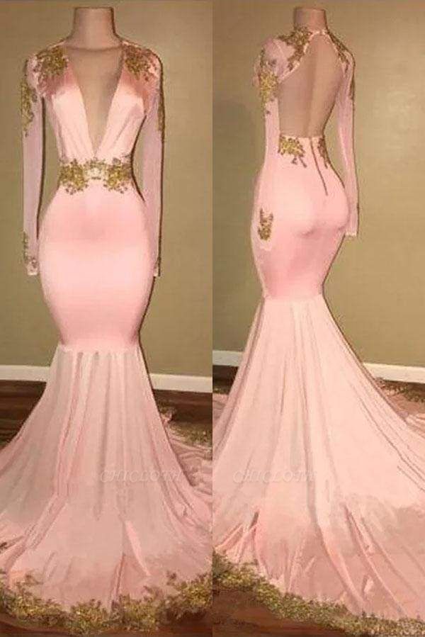 Chicloth Mermaid V-neck Brush Train Long Sleeves Applique Prom Dresses Backless Senior Dress