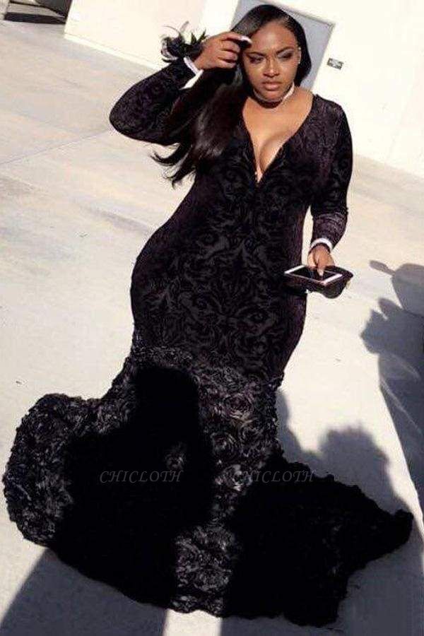 Chicloth Plus Size Prom Dresses Mermaid Black Lace Plunging V Neck Long Sleeve Evening Gowns With 3D Flowers