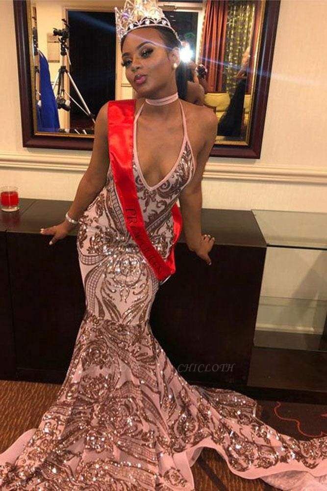 Chicloth New Glitter Sequins Halter V-neck Mermaid Prom Dress