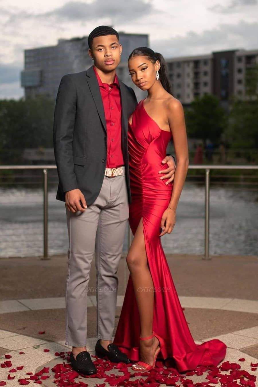Chicloth Red Asymmetrical Floor Length Prom Dresses