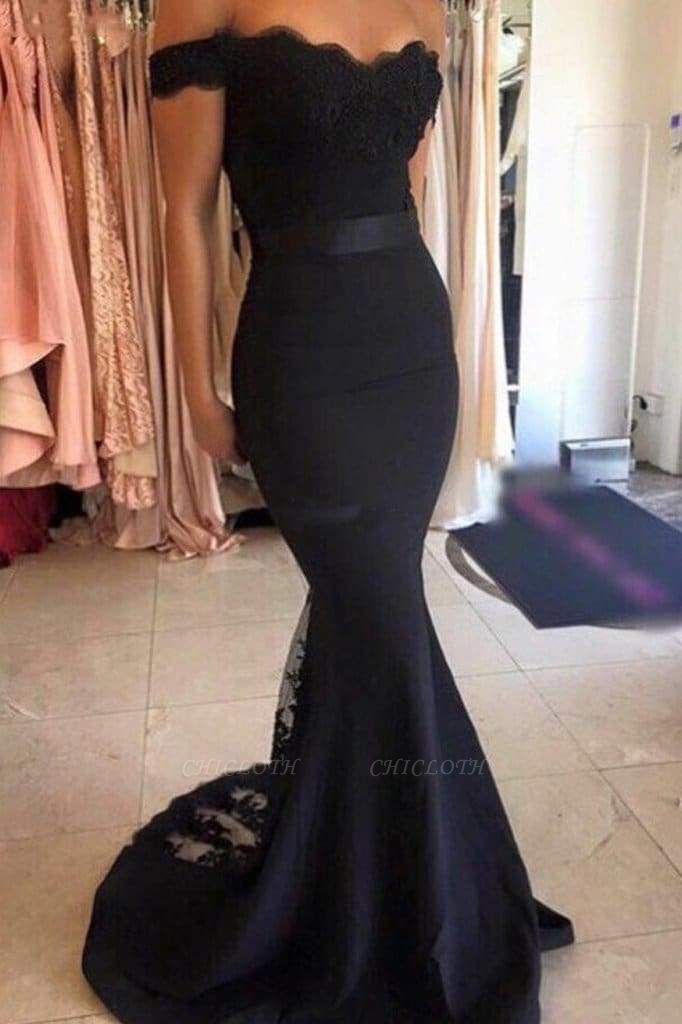 Chicloth affordable Mermaid Long Dress lace Black Off the Shoulder with Sash Prom Gowns