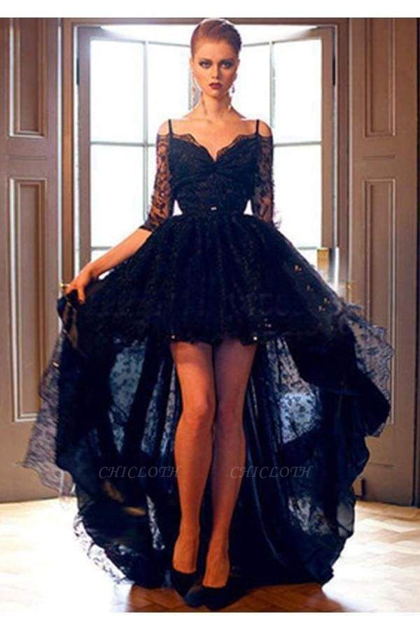 Chicloth Elegant Black Lace High-low Half Sleeves Prom Evening Dress