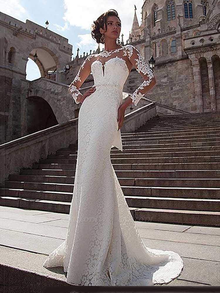Chicloth Glamorous Long Sleeves Lace Bowknot Mermaid Wedding Dresses