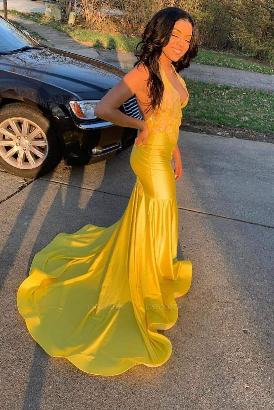 Chicloth Exquisite Sleeveless Halter Backless Mermaid Prom Dresses with Train