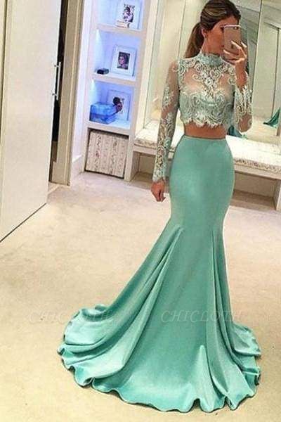 Chicloth Eye-catching Precious Fascinating Two Pieces High Neck Long Sleeve Lace Prom Dresses Sexy Mermaid Evening Dress