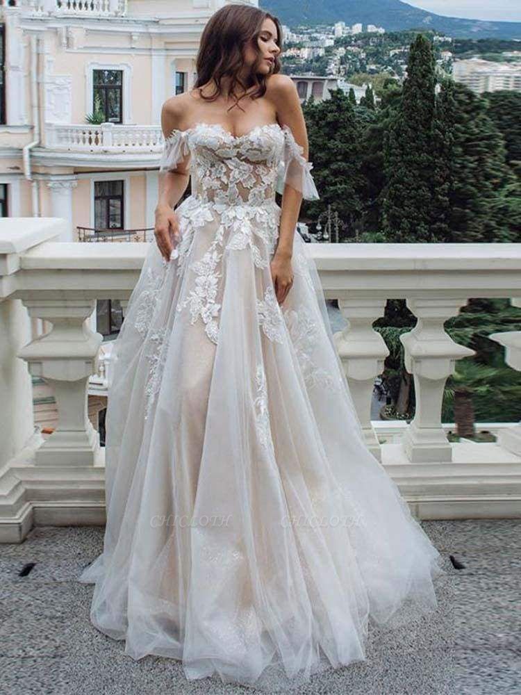 Chicloth Off-the-Shoulder Lace Tulle A-Line Wedding Dresses