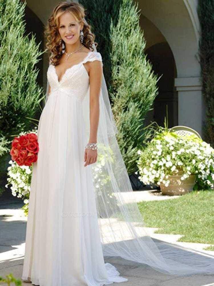 Chicloth Fashionable V-Neck Cap Sleeves Lace-Up Ruffles Wedding Dresses