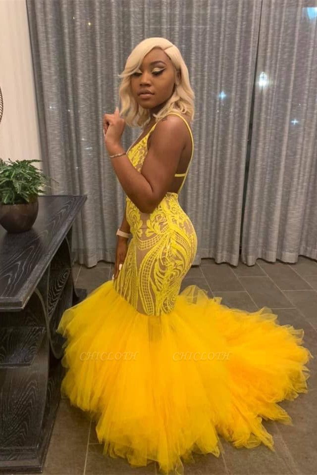 Sexy Yellow Lace Meramid Prom Dress Cheap Ball Gowns