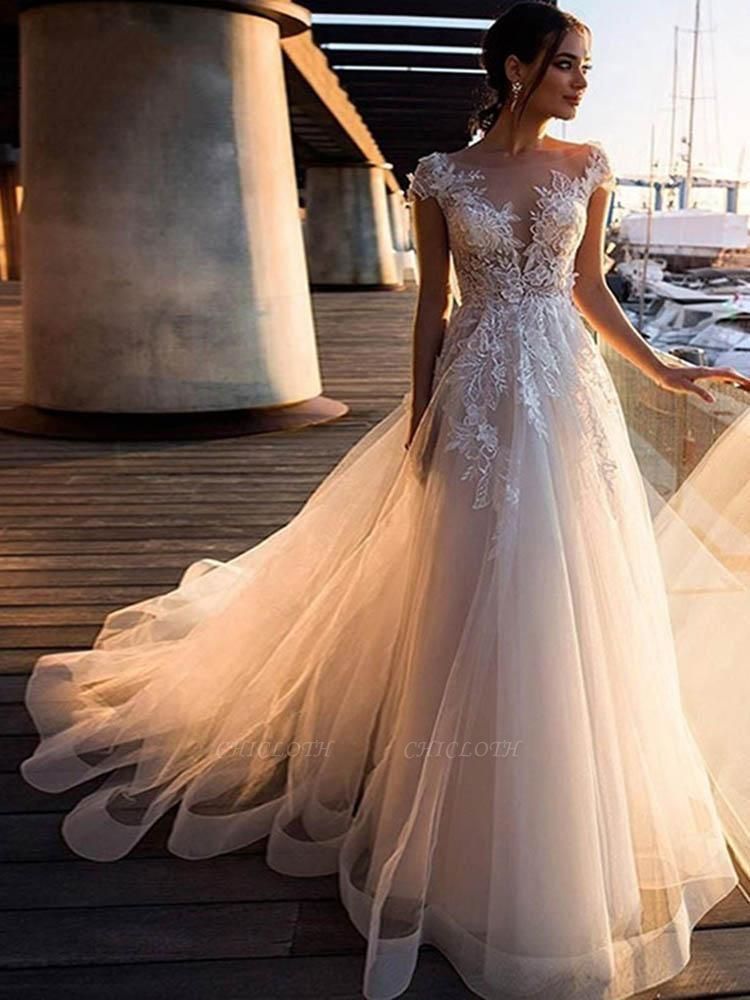 Chicloth O-Neck Appliques Lace A-Line Wedding Dresses