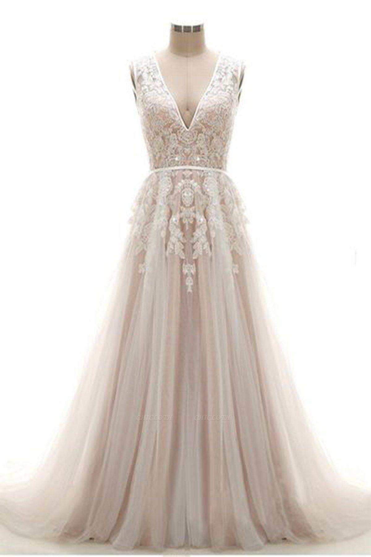 Chicloth Lace Appliques V Neck Long Wedding Dress