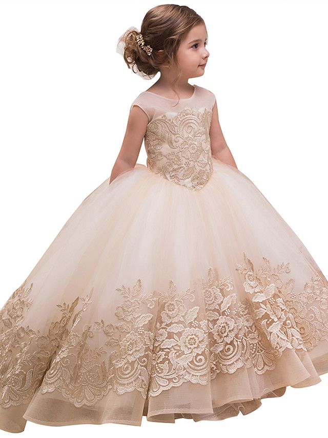 Princess Sweep / Brush Train Wedding / Birthday / Pageant Flower Girl Dresses - Lace / Tulle / Cotton Sleeveless Jewel Neck With Lace / Bow(S) / Embroidery
