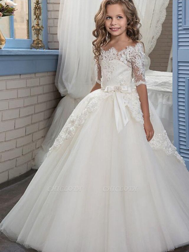 Ball Gown Floor Length Christmas / Wedding / Pageant Flower Girl Dresses - Cotton / Nylon With A Hint Of Stretch / Organza / Tulle Half Sleeve Boat Neck With Lace / Bow(S) / Appliques