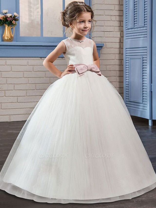 Princess Long Length Flower Girl Dress - Tulle / Mikado Sleeveless Jewel Neck With Bow(S) By Lan Ting Express