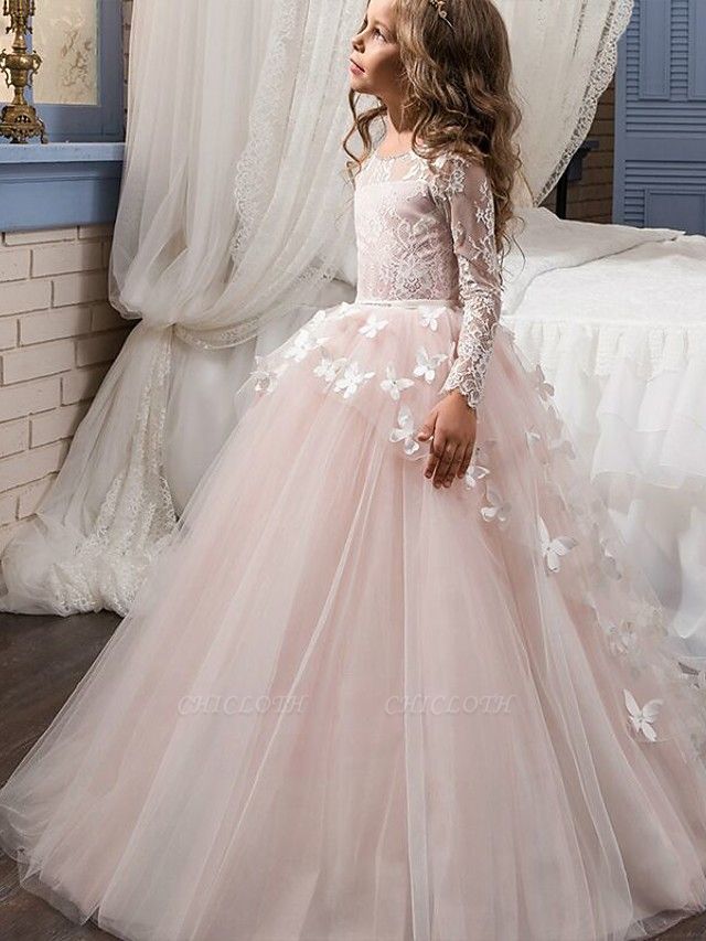 Ball Gown Sweep / Brush Train Party / First Communion / Birthday Flower Girl Dresses - Lace Long Sleeve Jewel Neck With Bow(S) / Appliques