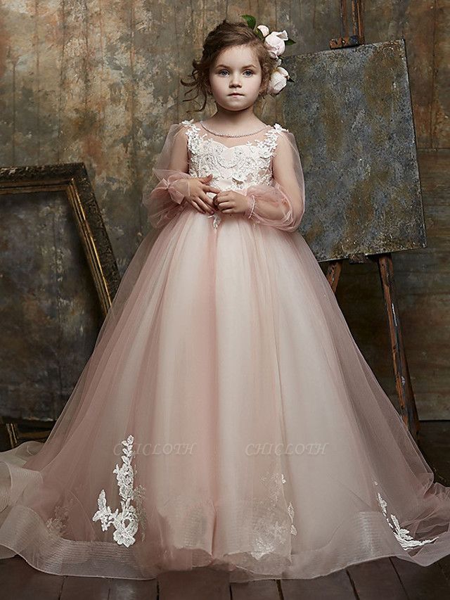 Princess / Ball Gown Sweep / Brush Train Wedding / Party Flower Girl Dresses - Lace / Organza Long Sleeve Illusion Neck With Bow(S) / Appliques