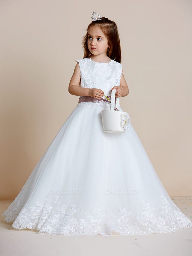 A-Line Floor Length Wedding / First Communion Flower Girl Dresses - Satin / Tulle Sleeveless Jewel Neck With Sash / Ribbon / Bow(S) / Appliques