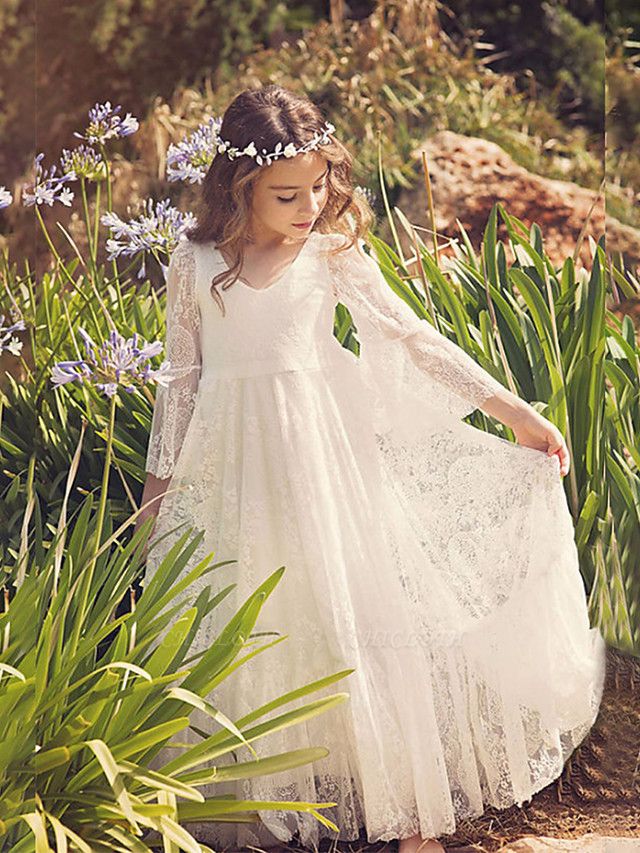 Sheath / Column Maxi Wedding / Birthday / Holiday Flower Girl Dresses - Lace / Cotton 3/4 Length Sleeve V Neck With Lace
