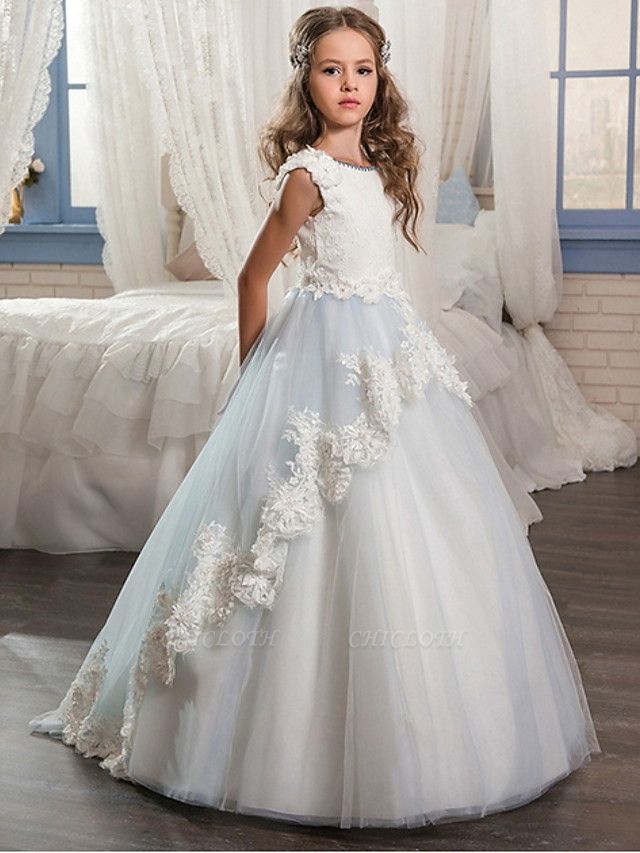 Ball Gown Floor Length Wedding / Event / Party Flower Girl Dresses - Poly Sleeveless Jewel Neck With Lace / Appliques
