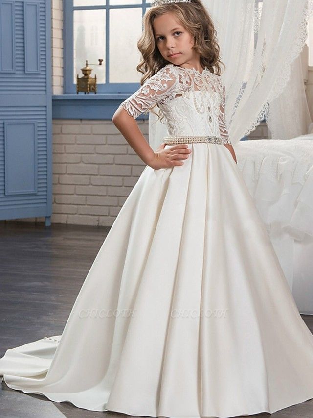 Ball Gown Sweep / Brush Train Wedding / Birthday / Pageant Flower Girl Dresses - Matte Satin Half Sleeve Jewel Neck With Embroidery / Bandage