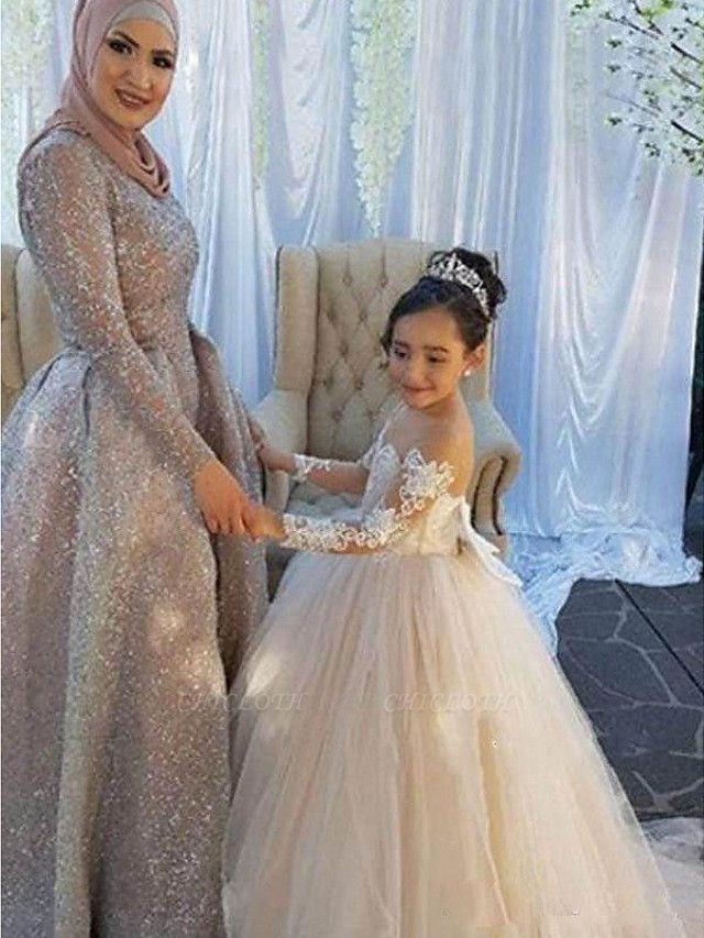 Ball Gown Sweep / Brush Train Wedding / First Communion / Pageant Flower Girl Dresses - Lace / Satin / Tulle Long Sleeve Boat Neck With Lace / Appliques