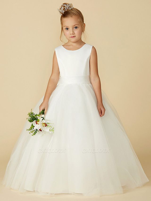 A-Line Floor Length Wedding / First Communion Flower Girl Dresses - Satin / Tulle Sleeveless Jewel Neck With Bow(S) / Buttons