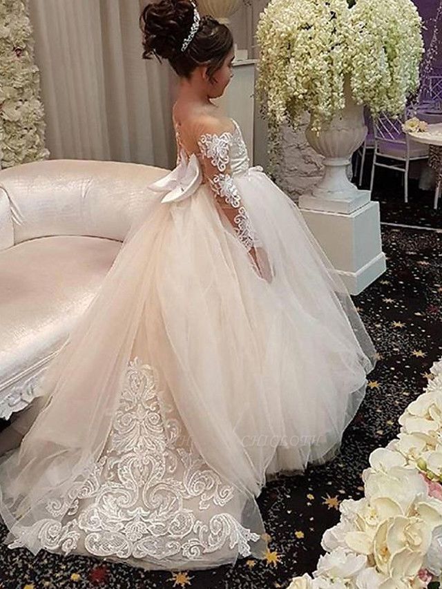 Ball Gown Court Train Wedding Flower Girl Dresses - Lace / Satin / Taffeta Long Sleeve Off Shoulder With Bow(S) / Solid