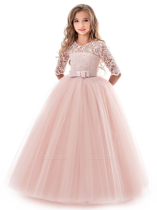 Princess Long Length Wedding / Party / Pageant Flower Girl Dresses - Lace / Tulle Half Sleeve Jewel Neck With Lace / Belt